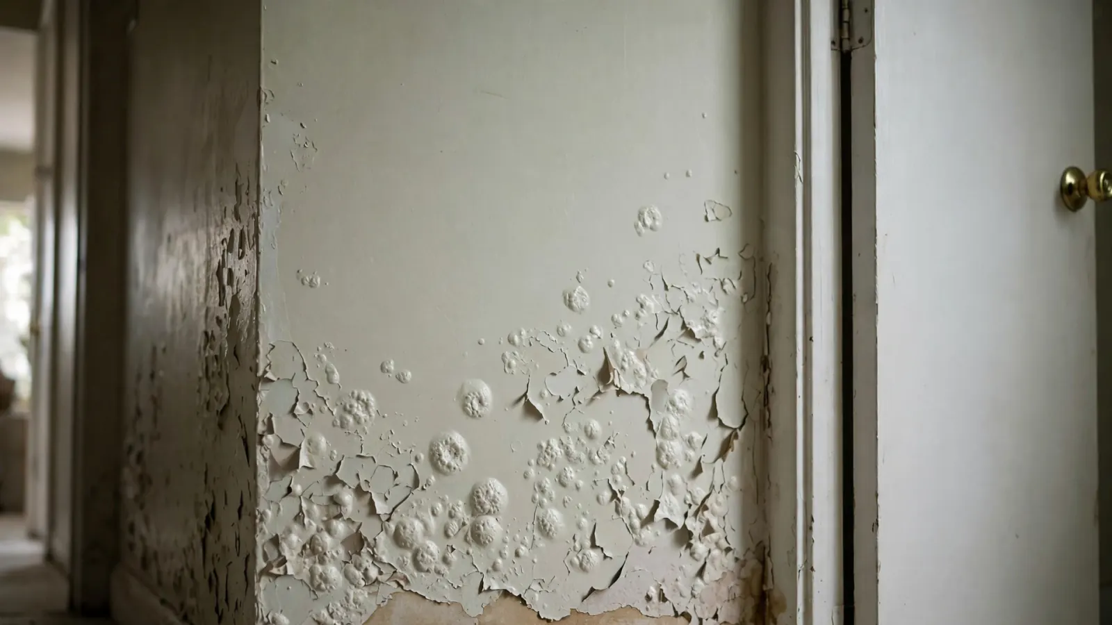 Bubbling, peeling paint and a brown stain low on a hallway wall next to a bathroom door