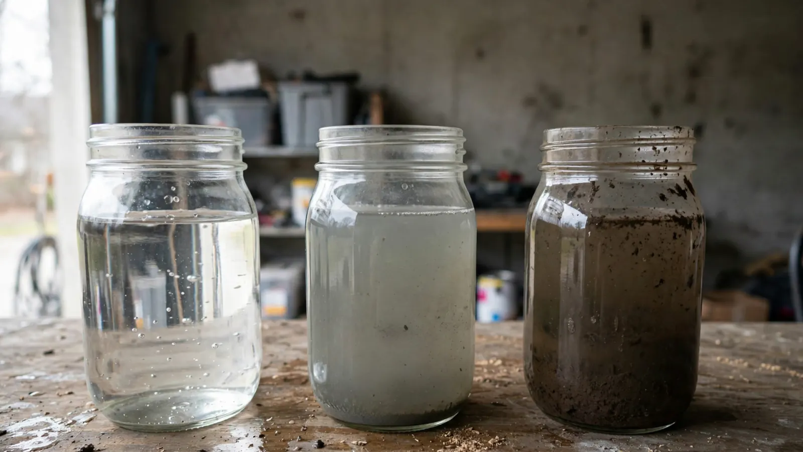 Three jars showing clean, gray and black water
