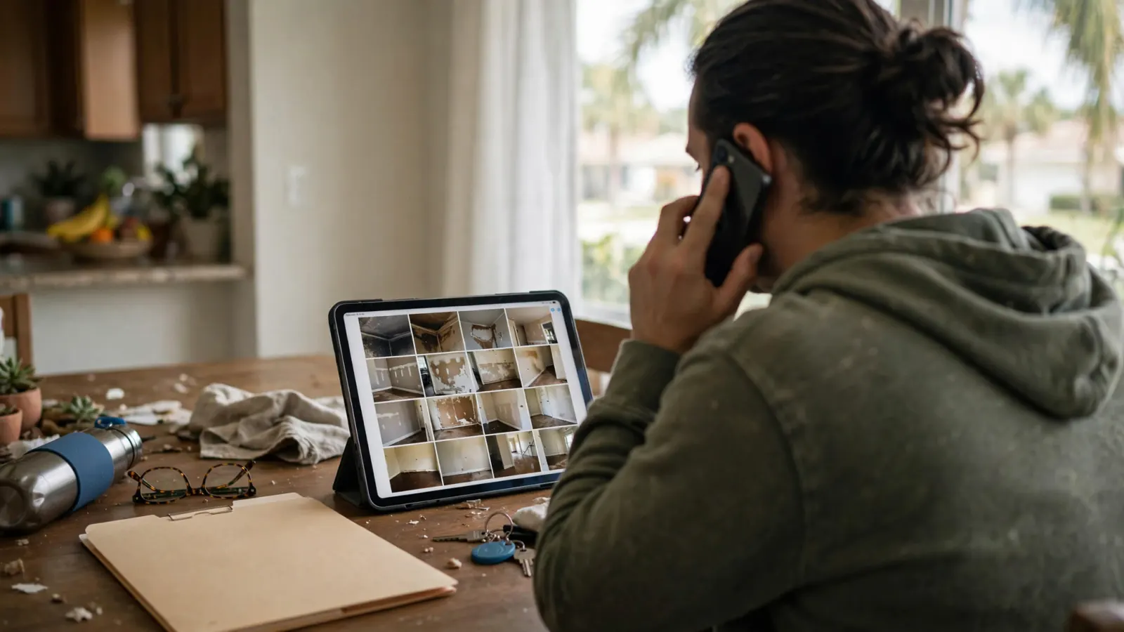 Homeowner on a phone call with damage photos open on a tablet