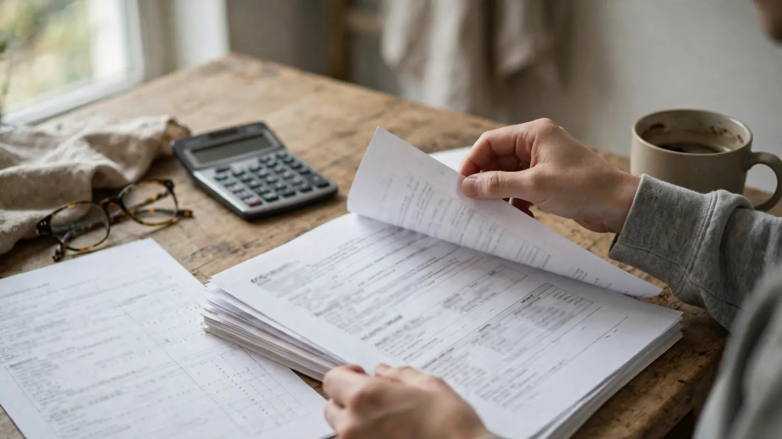 Hands reviewing a restoration estimate with a calculator