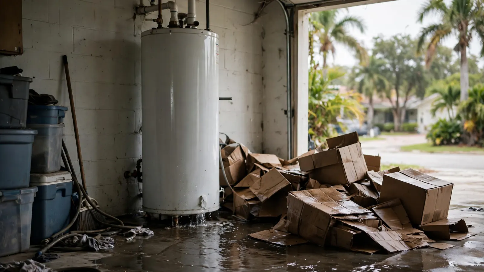 Tank water heater in a Florida garage with water pooling across the floor and wet boxes nearby