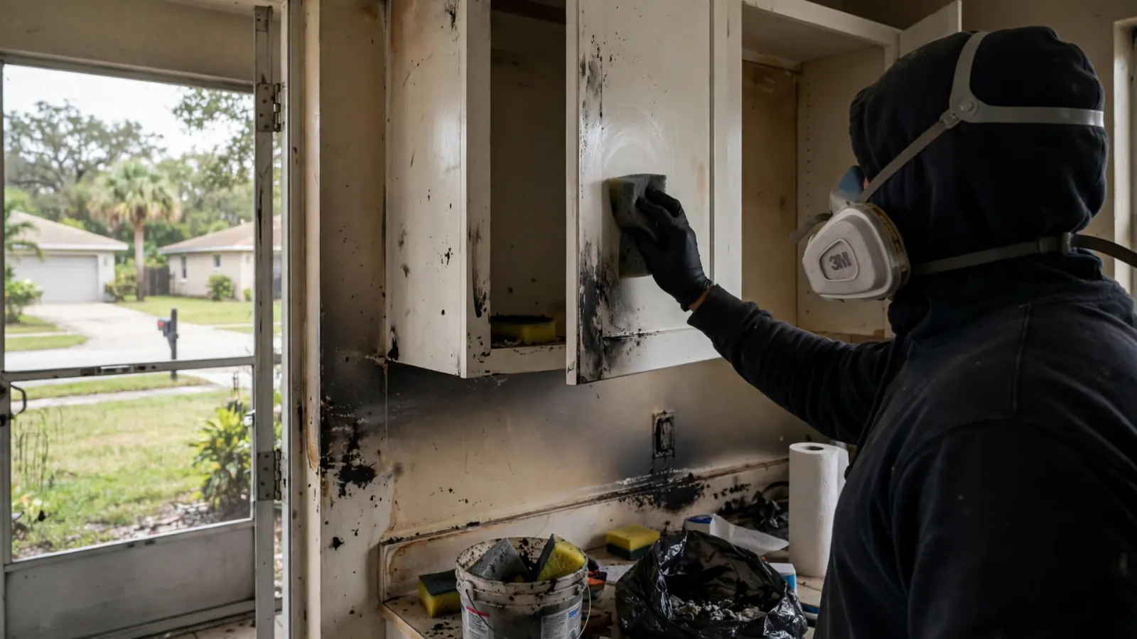 Technician in a respirator wiping soot from a kitchen cabinet after a house fire