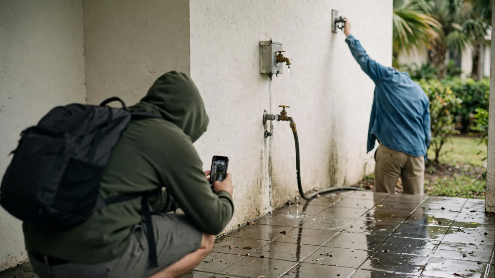 Homeowner photographing a wet floor while another person shuts off the outdoor water valve