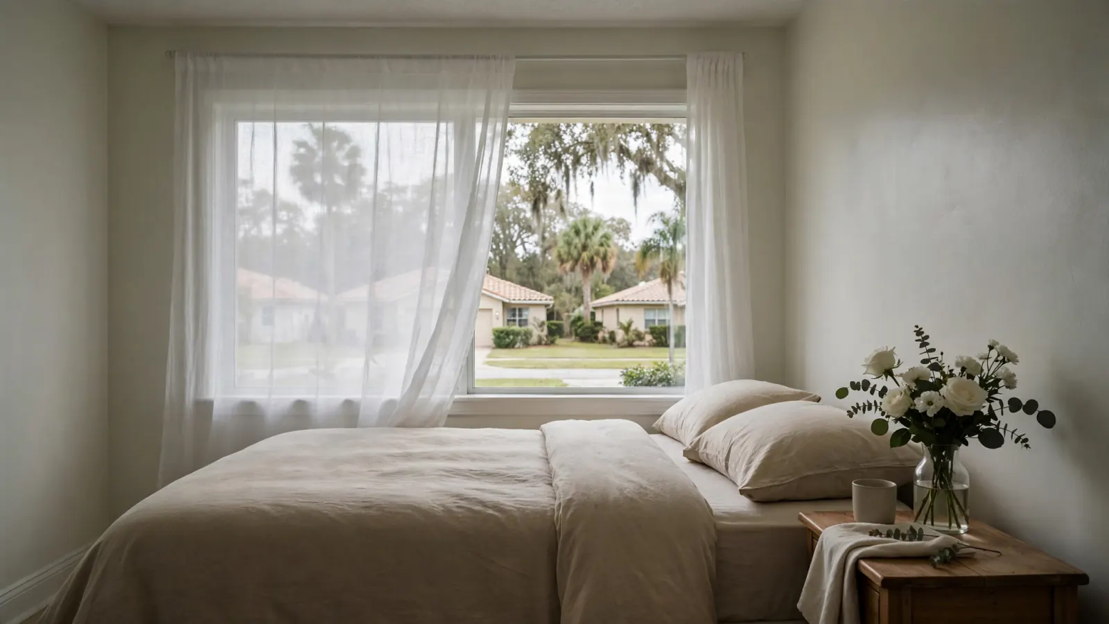 Quiet, tidy bedroom in morning light with white flowers on the nightstand