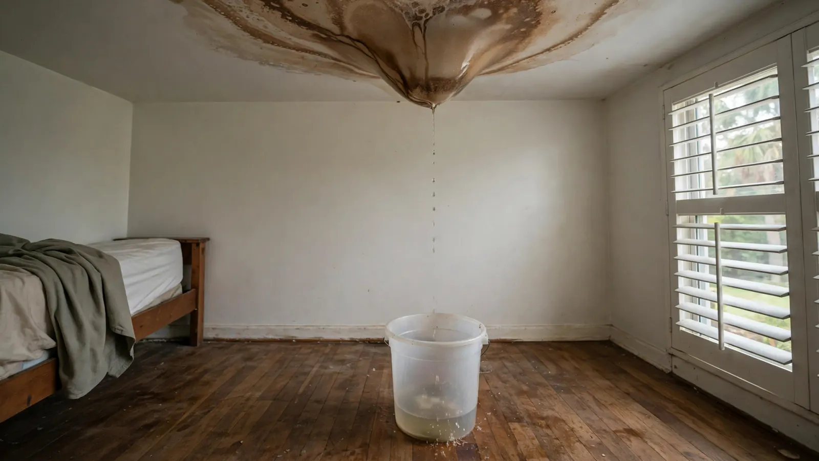 Large brown water stain on a bedroom ceiling with a bucket catching drips on the wood floor