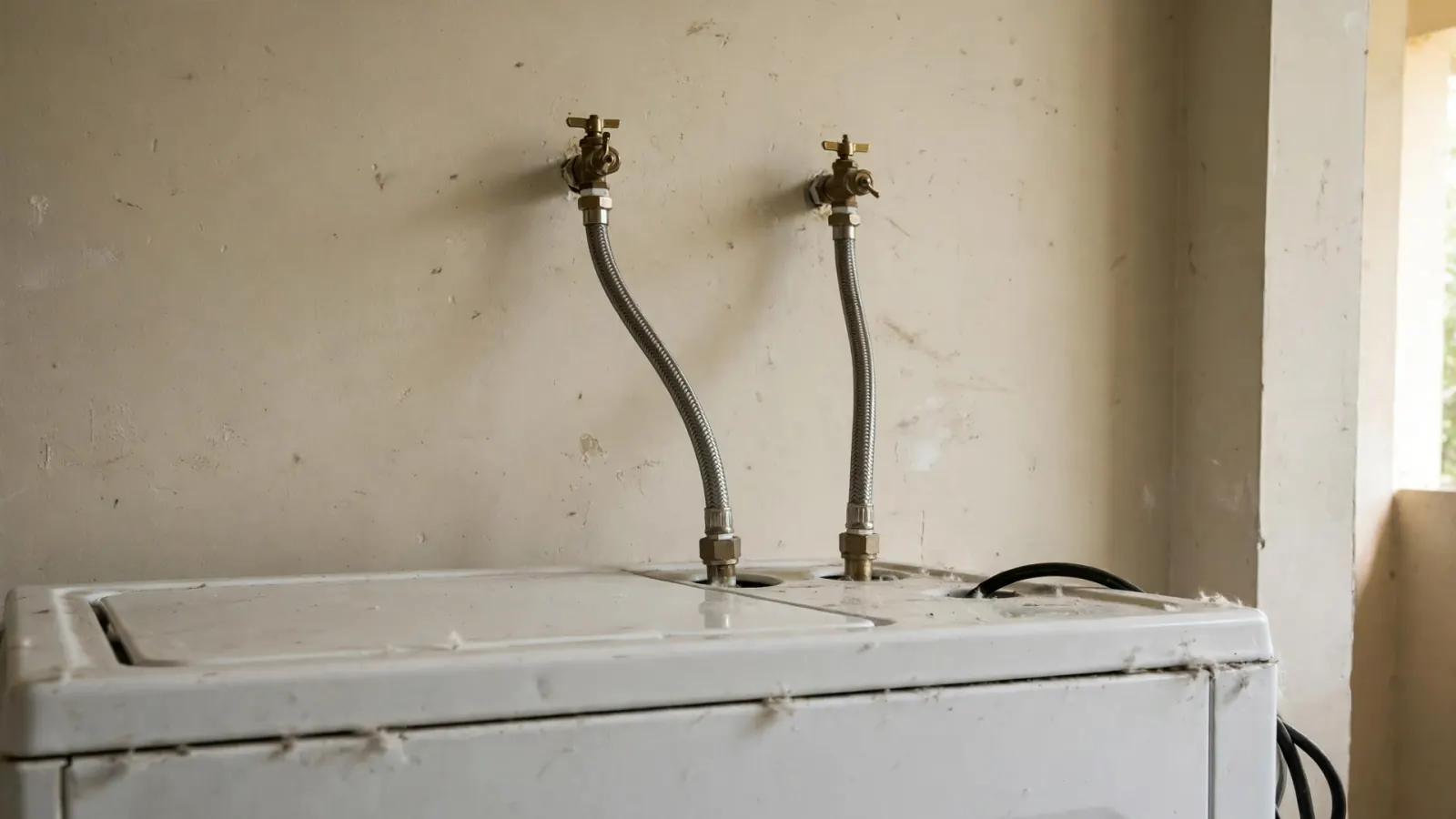 Braided stainless steel fill hoses connected to hot and cold valves behind a washing machine