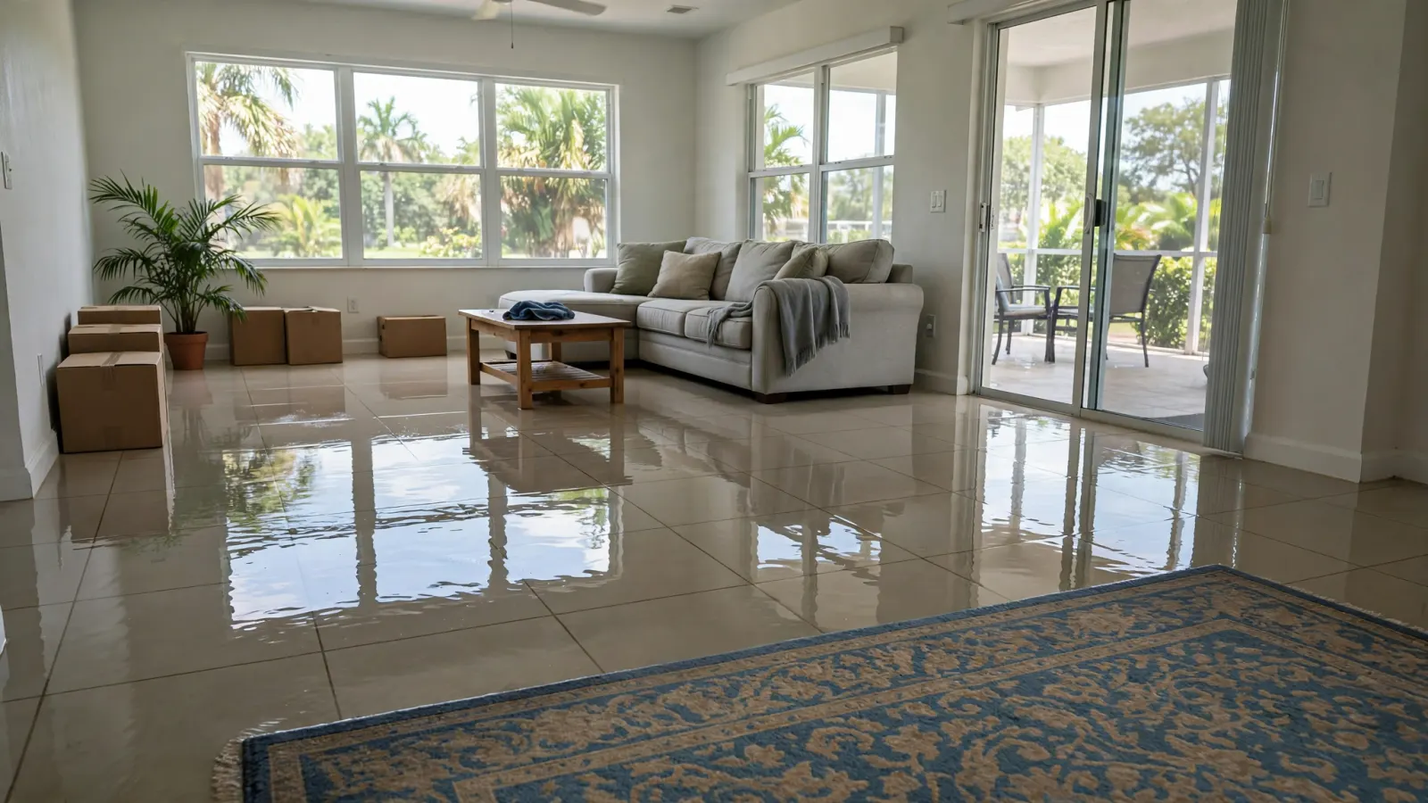 Standing water across the tile floor of a Florida living room