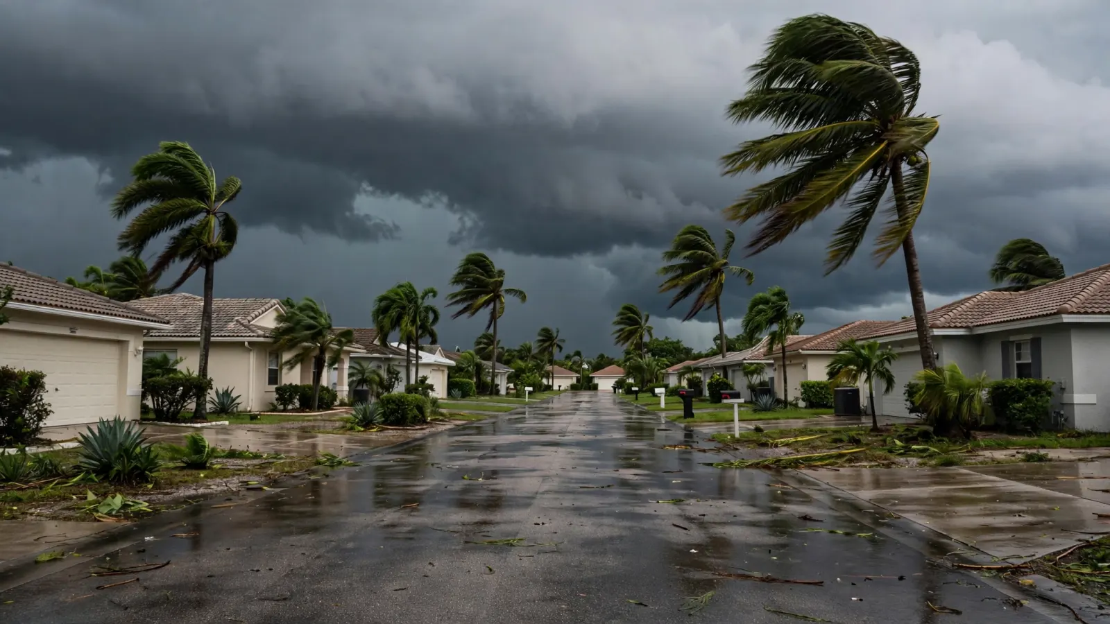 Storm clouds and wind over single-story Florida homes