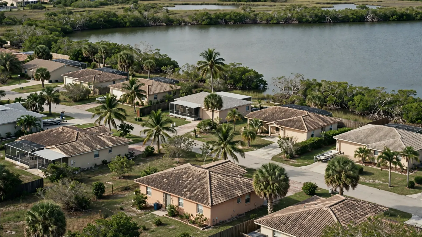 Florida waterfront neighborhood beside a mangrove-lined lagoon