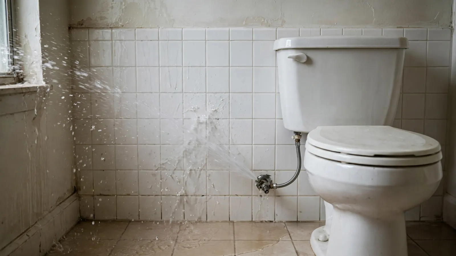 Braided toilet supply line spraying water in a bathroom