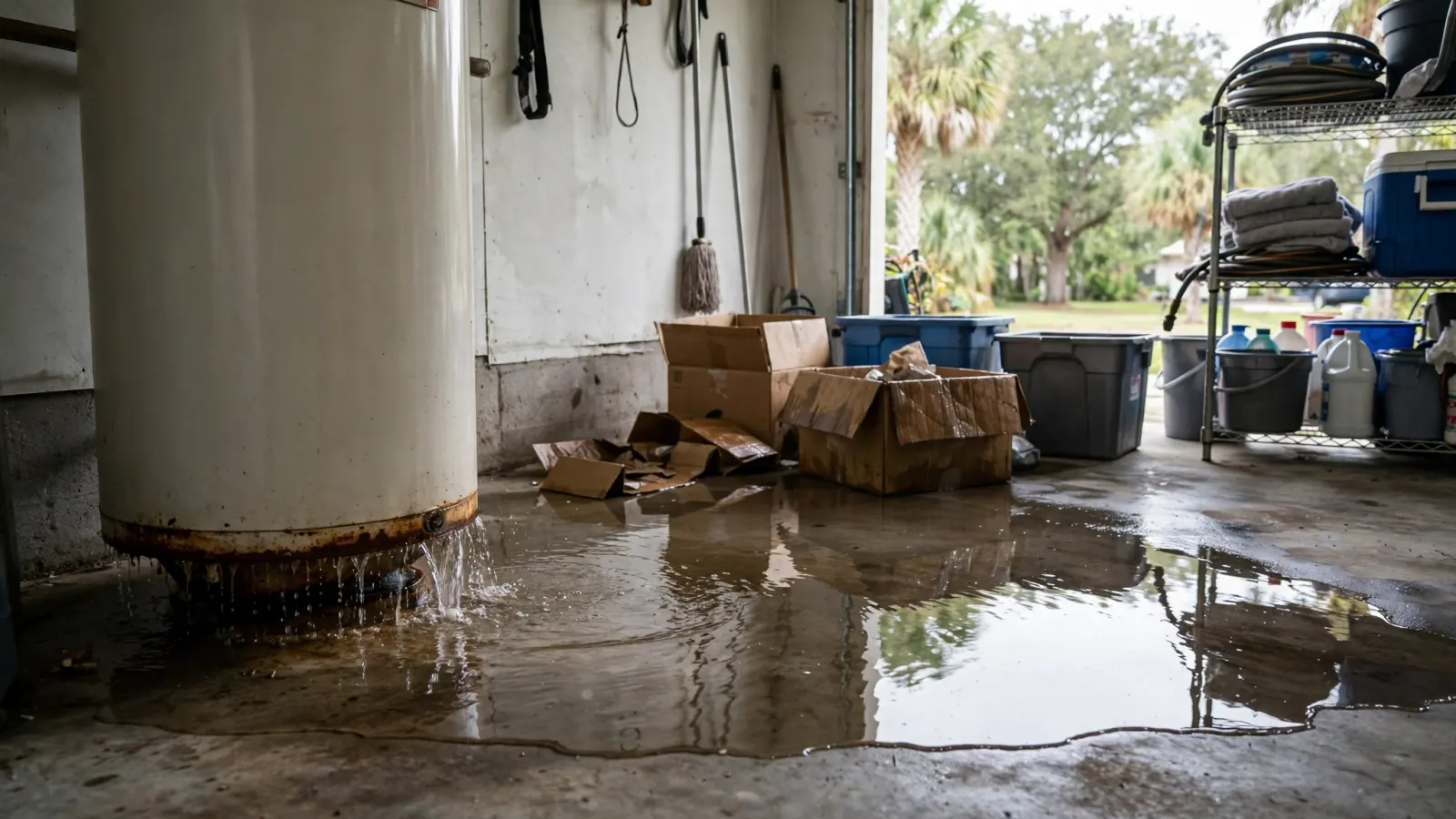 Tank water heater leaking across a Florida garage floor
