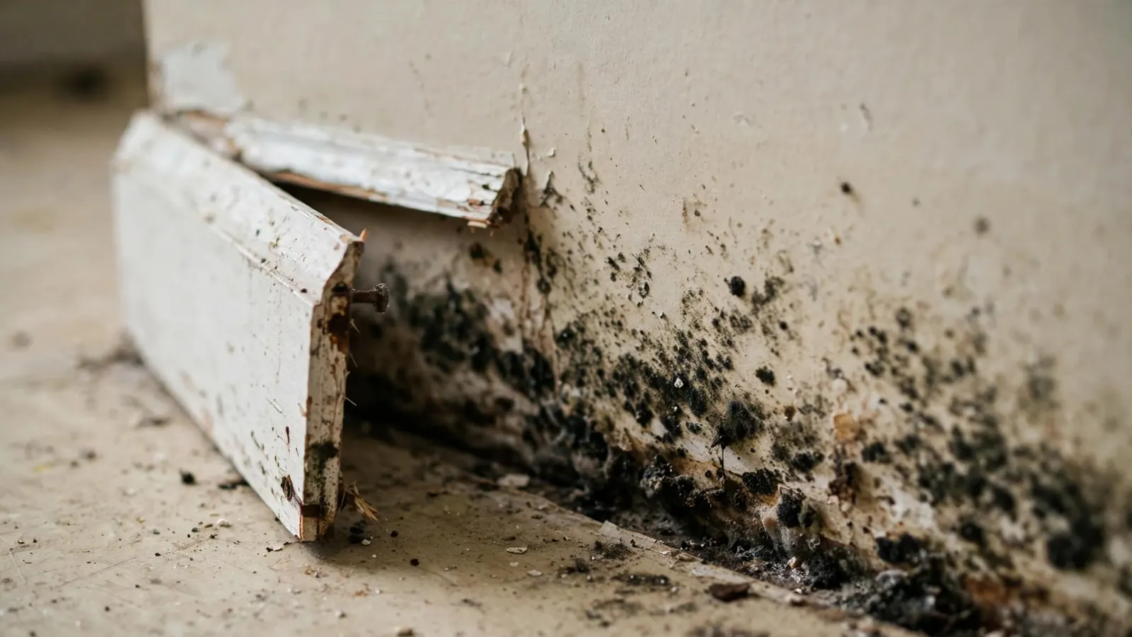 Mold spots on damp drywall behind a removed baseboard