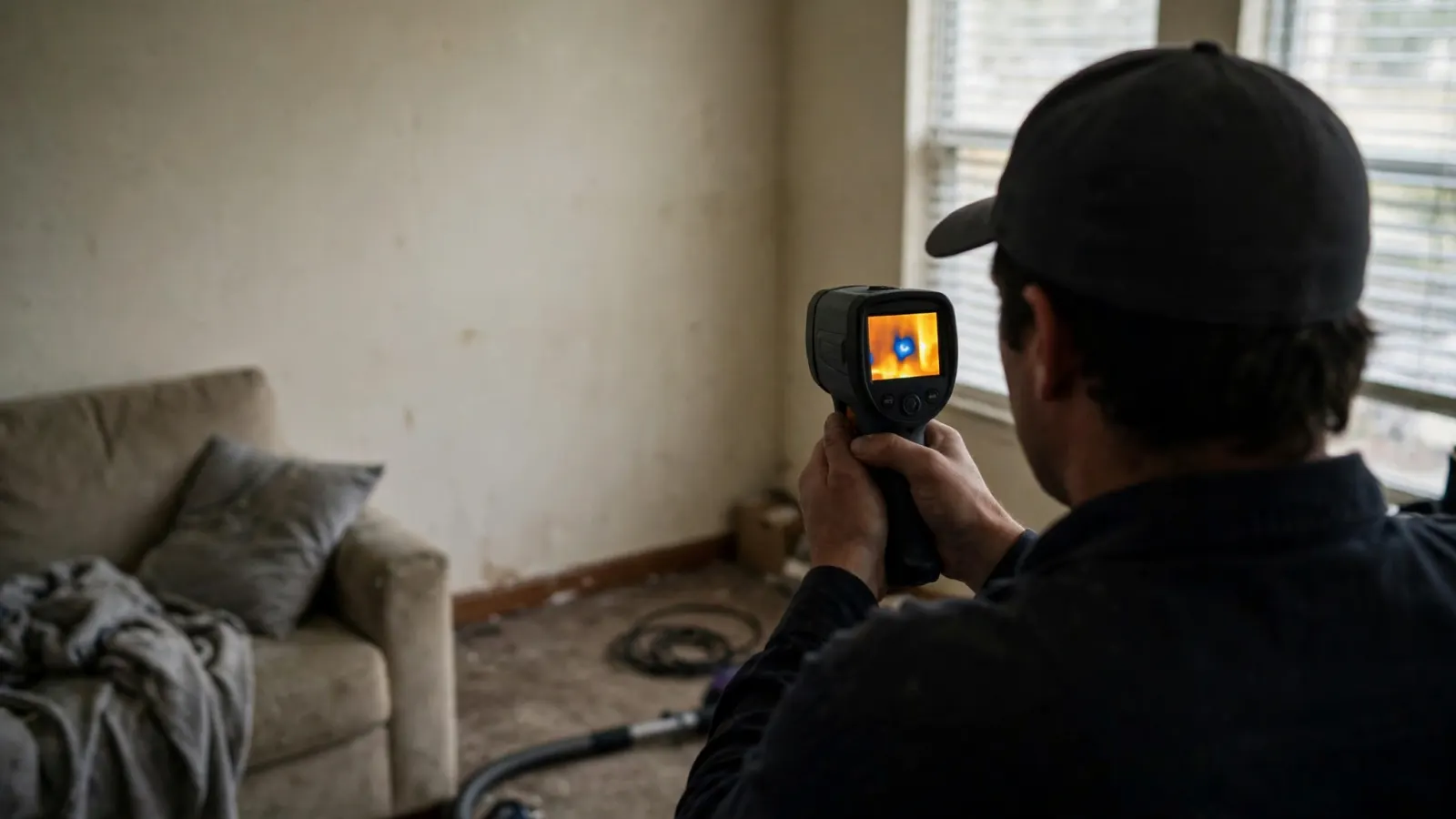 Technician checking a living room wall with a thermal imaging camera