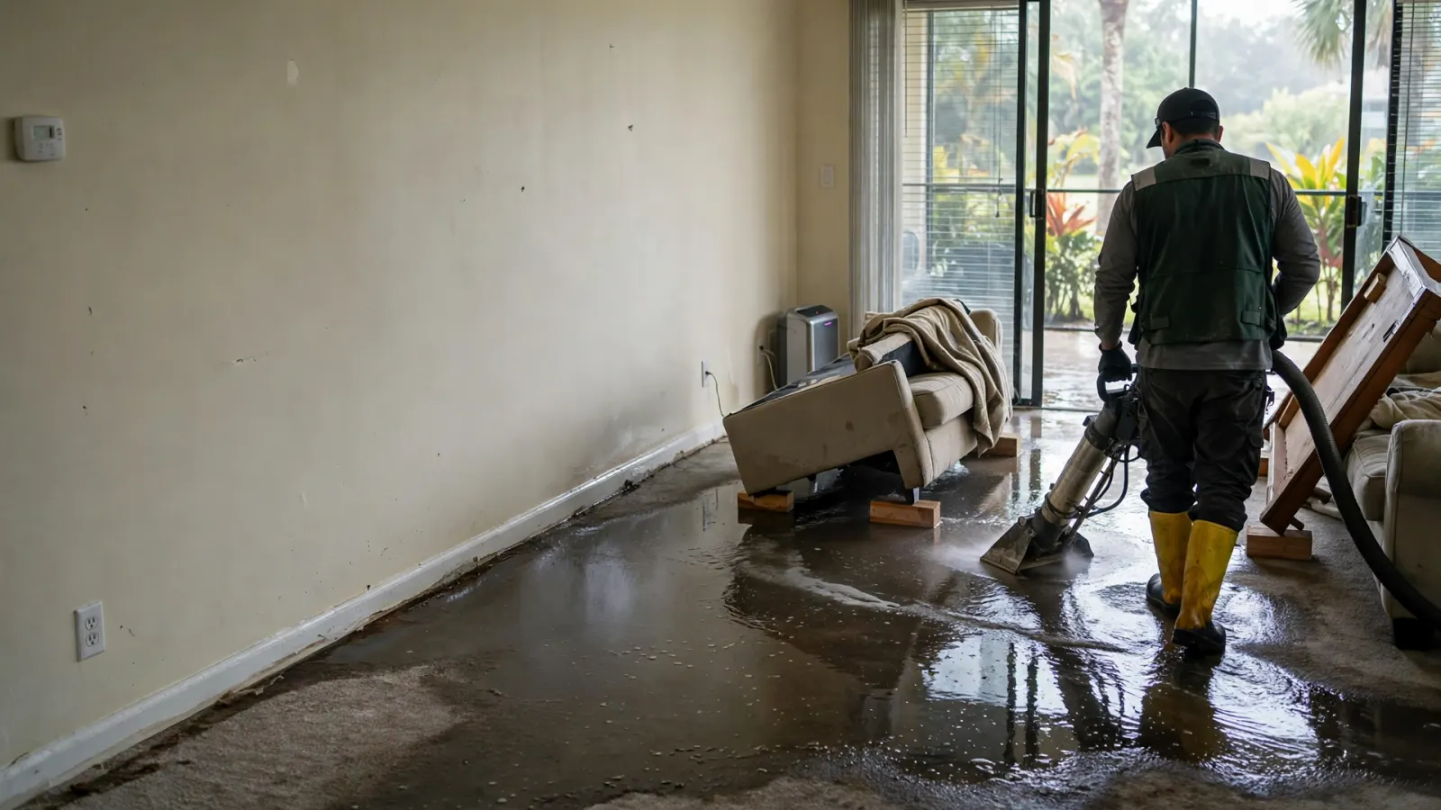 Restoration technician extracting water from a tile floor in a Florida home