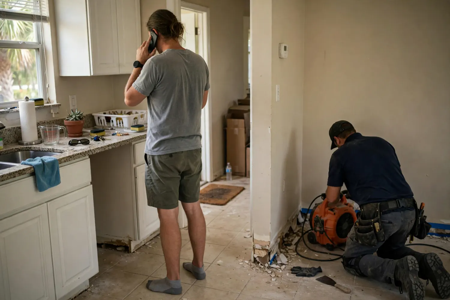 A homeowner on the phone while a technician sets up drying equipment