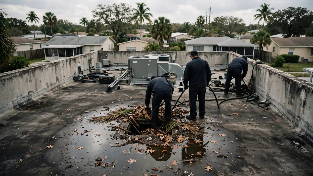 Crew clearing water from a flat roof on a downtown building