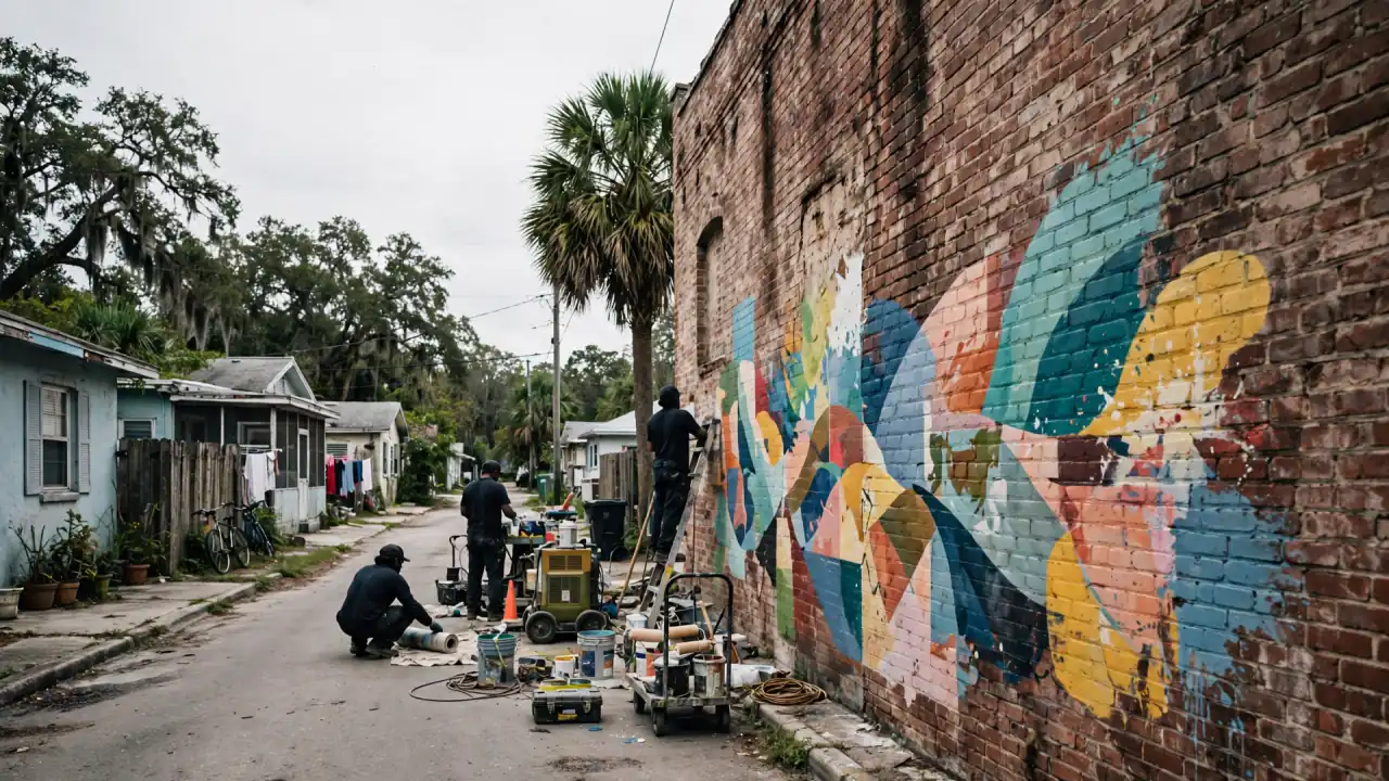 Crew working beside a colorful mural on a brick wall