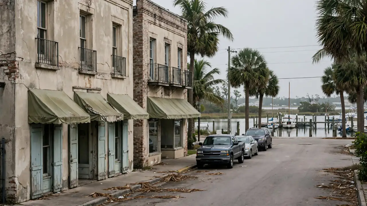 Historic two-story storefronts with awnings near the waterfront