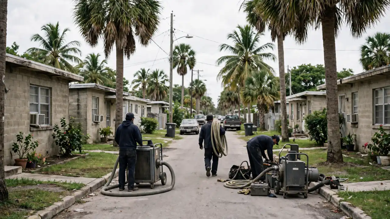 Crew with pumps on a palm-lined residential street