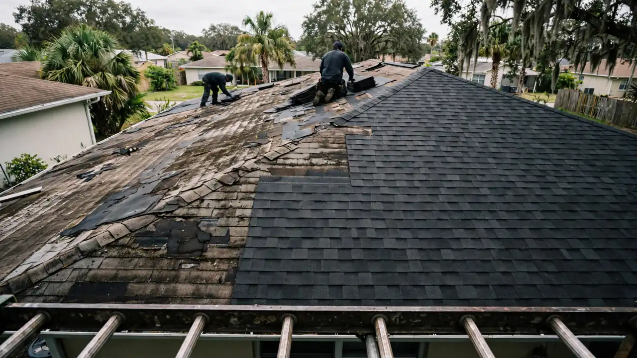 Roofers repairing a damaged shingle roof