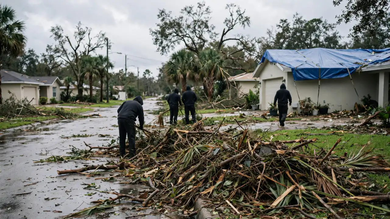 Crew clearing storm debris near tarped homes