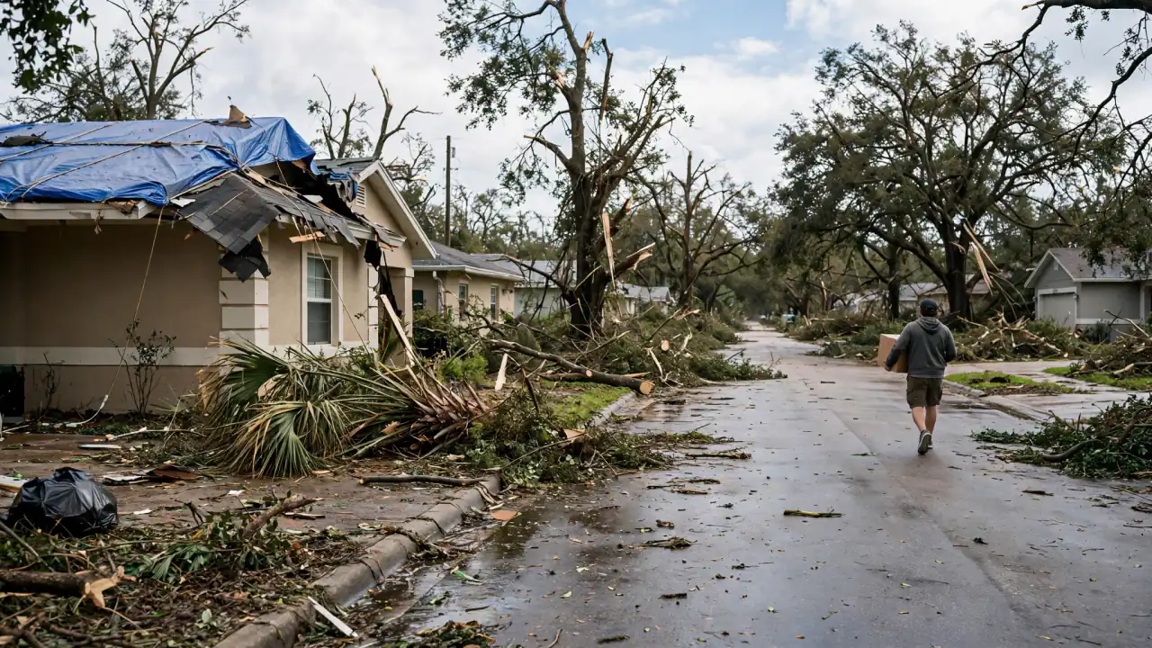 Storm debris and blue-tarped roofs on a residential street