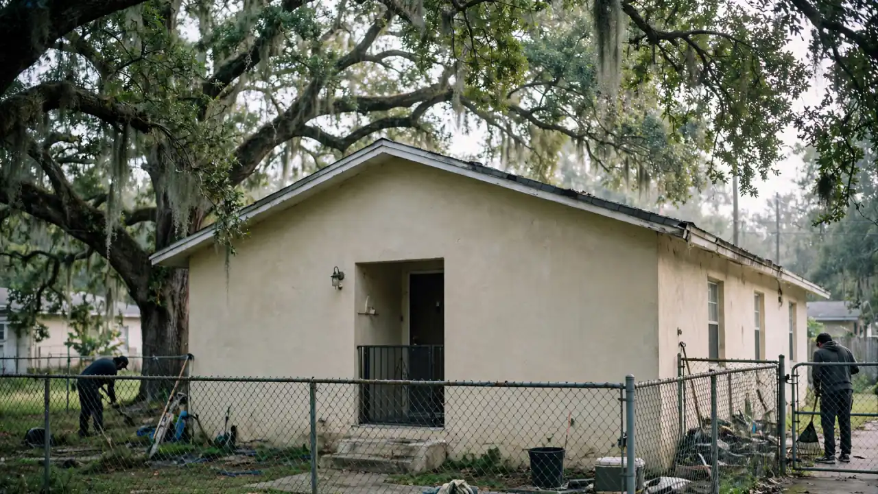 Older stucco home under live oaks with a worker in the yard