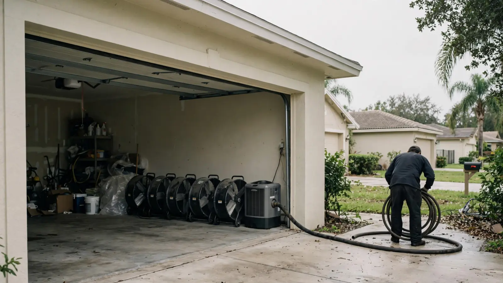 Technician unloading drying equipment from an open garage