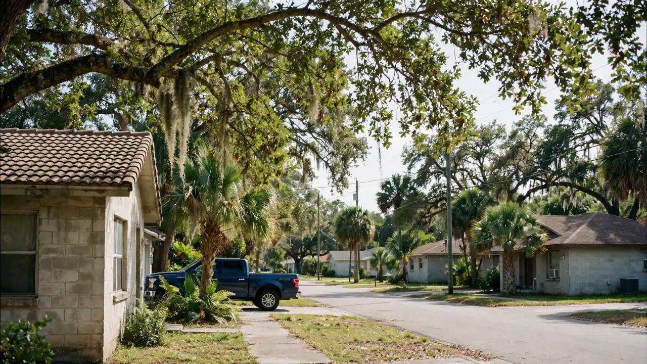 Quiet residential street of older homes under live oaks