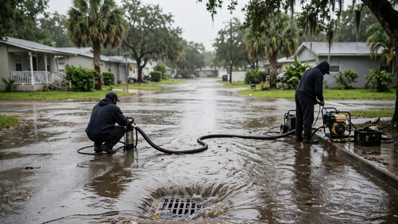 Crew pumping floodwater from a residential street