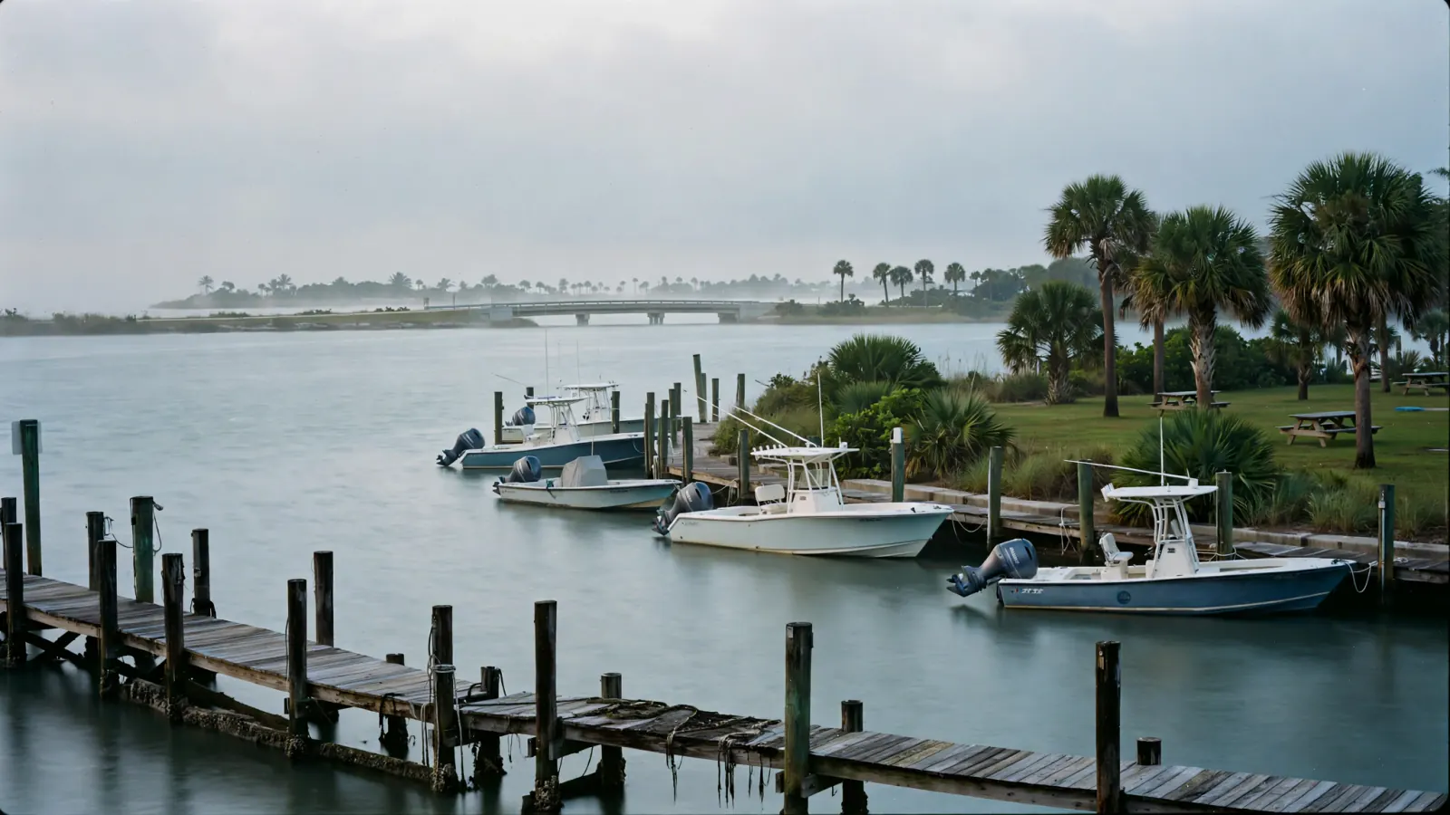 Boats at a marina dock on a calm lagoon lined with palms