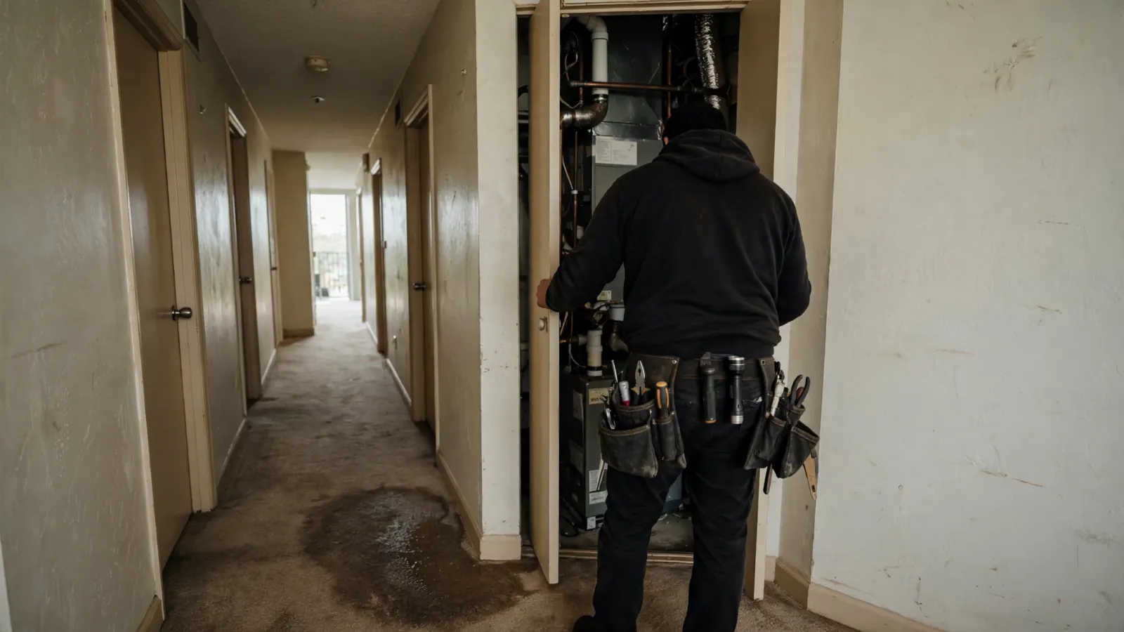 Technician entering a condo hallway with water on the floor