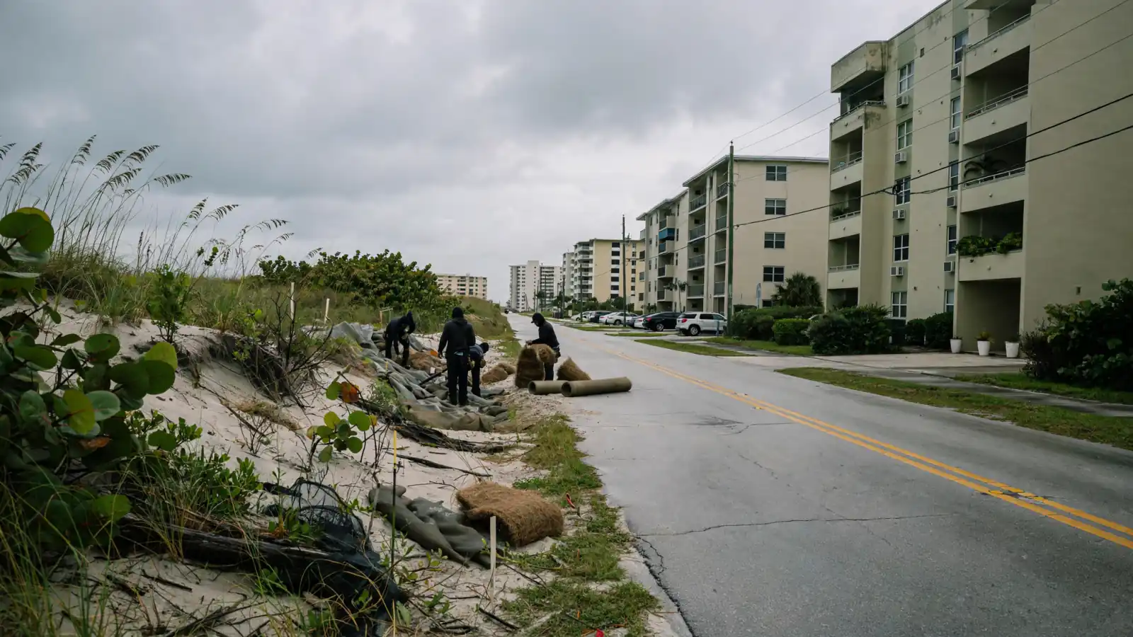 Crew placing sandbags along a coastal road lined with condos