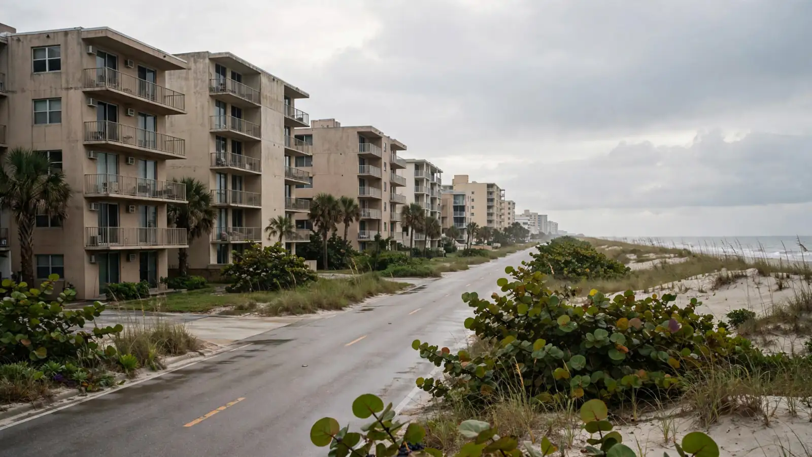 Oceanfront condo buildings along a beachside road
