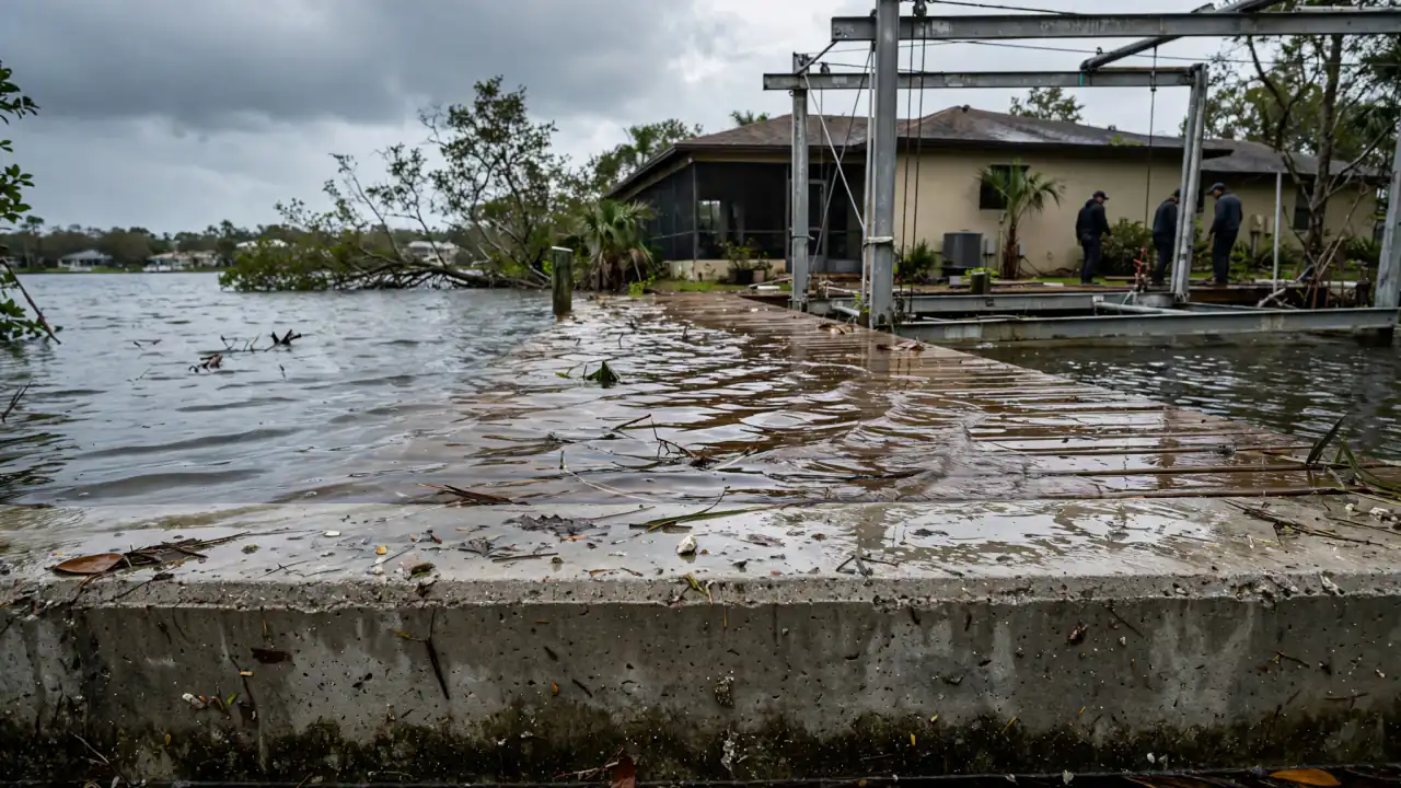 Floodwater over a seawall behind a waterfront home