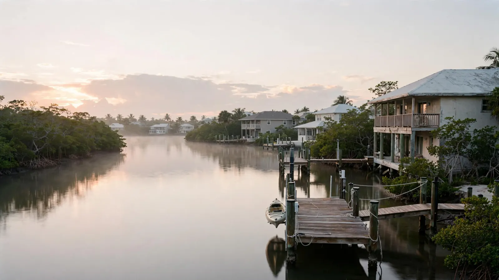 Calm canal with docks and homes at sunrise