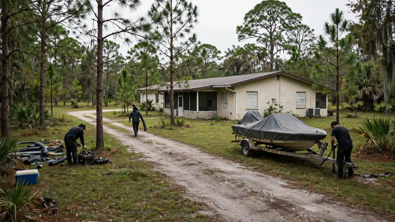 Workers outside a rural single-story home with a boat trailer