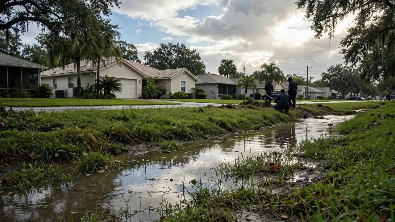 Flooded drainage swale along a residential street