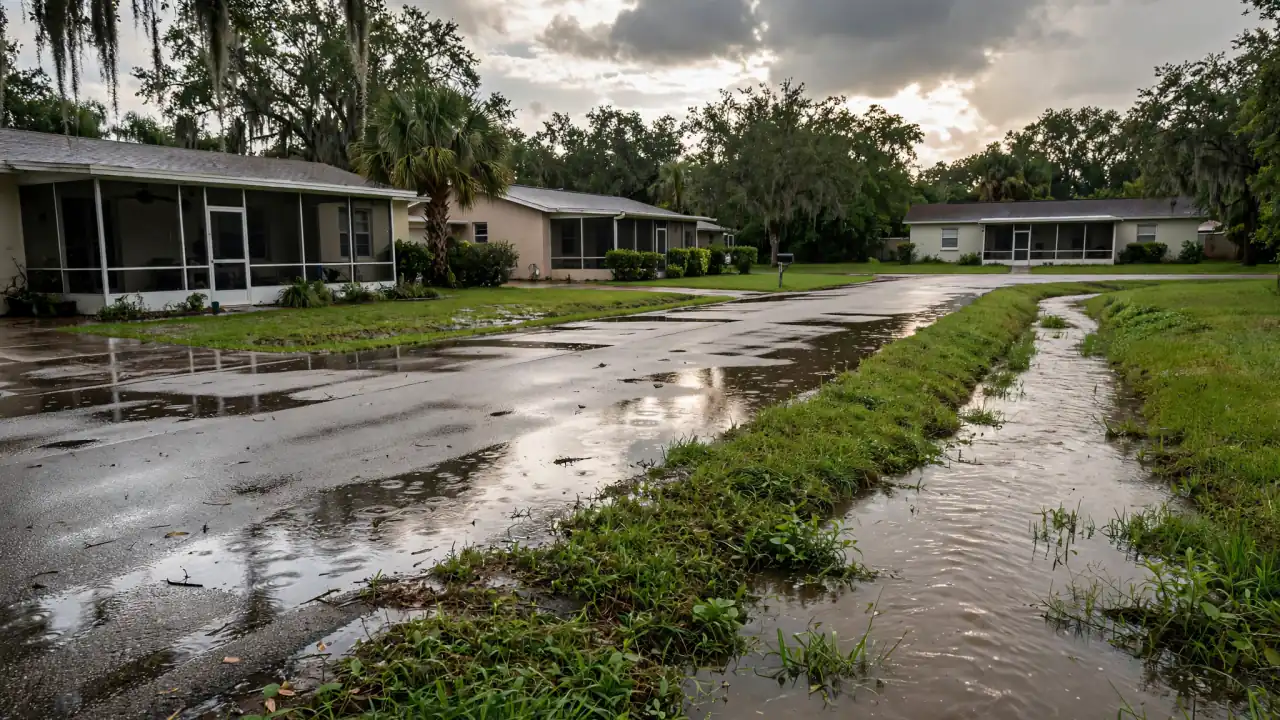 Standing water in a roadside swale beside single-story homes