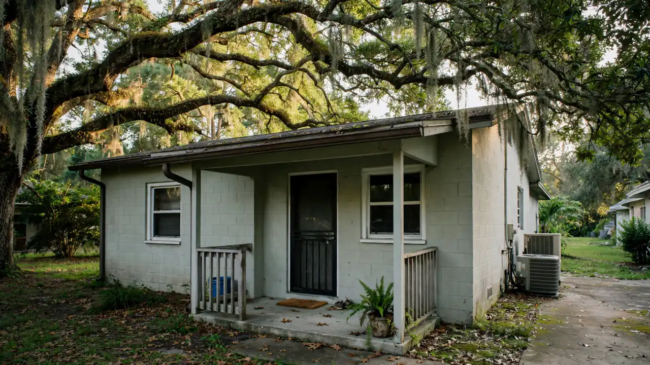 Small older home with a screen door under oak trees
