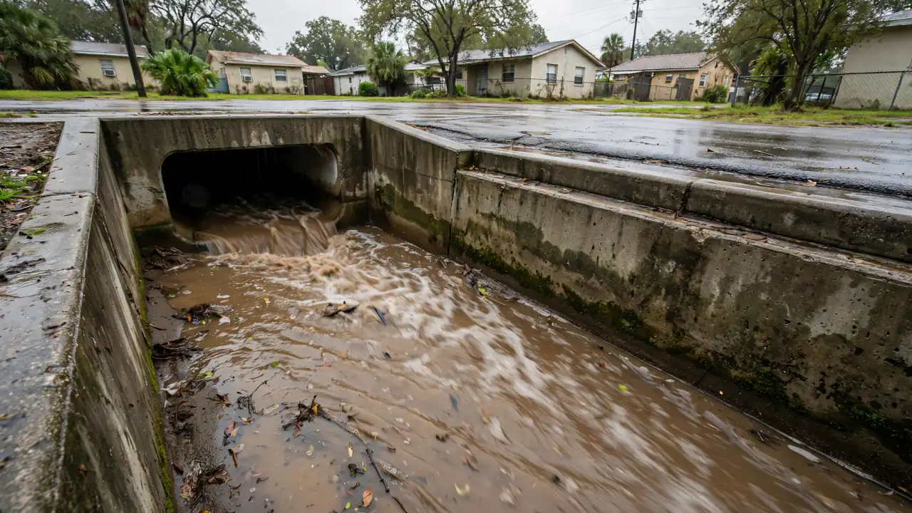 Stormwater rushing through a concrete drainage channel