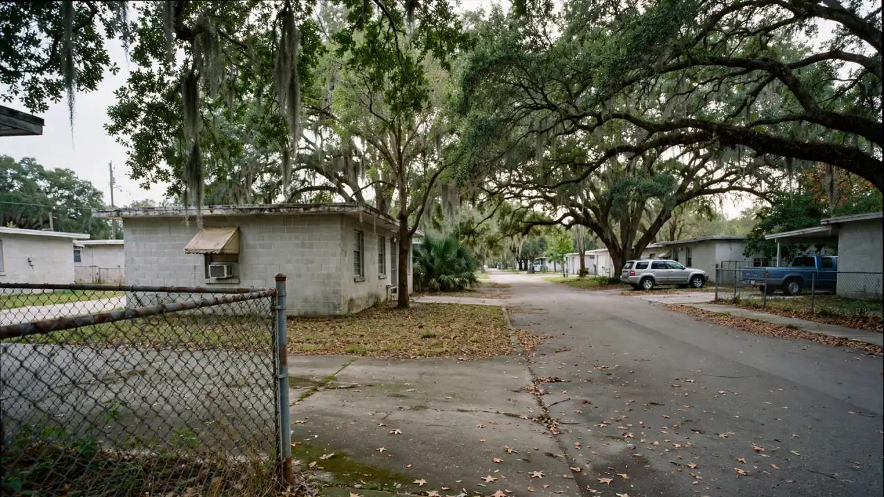 Street of older block homes under live oaks