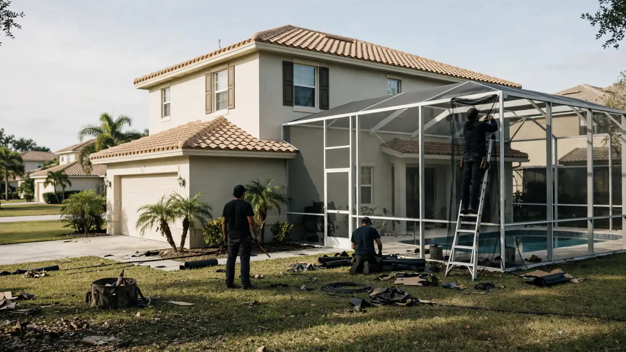 Workers repairing a screened pool enclosure at a two-story home