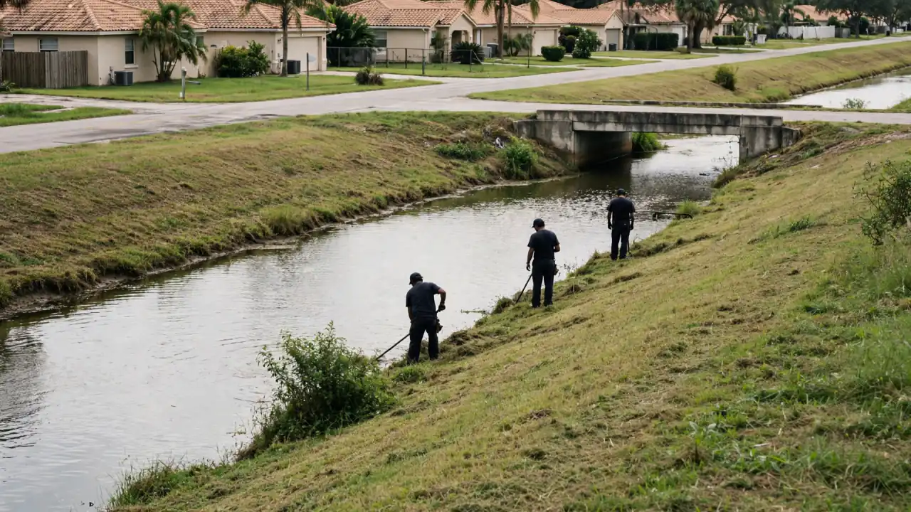 Crew working along a drainage canal behind homes