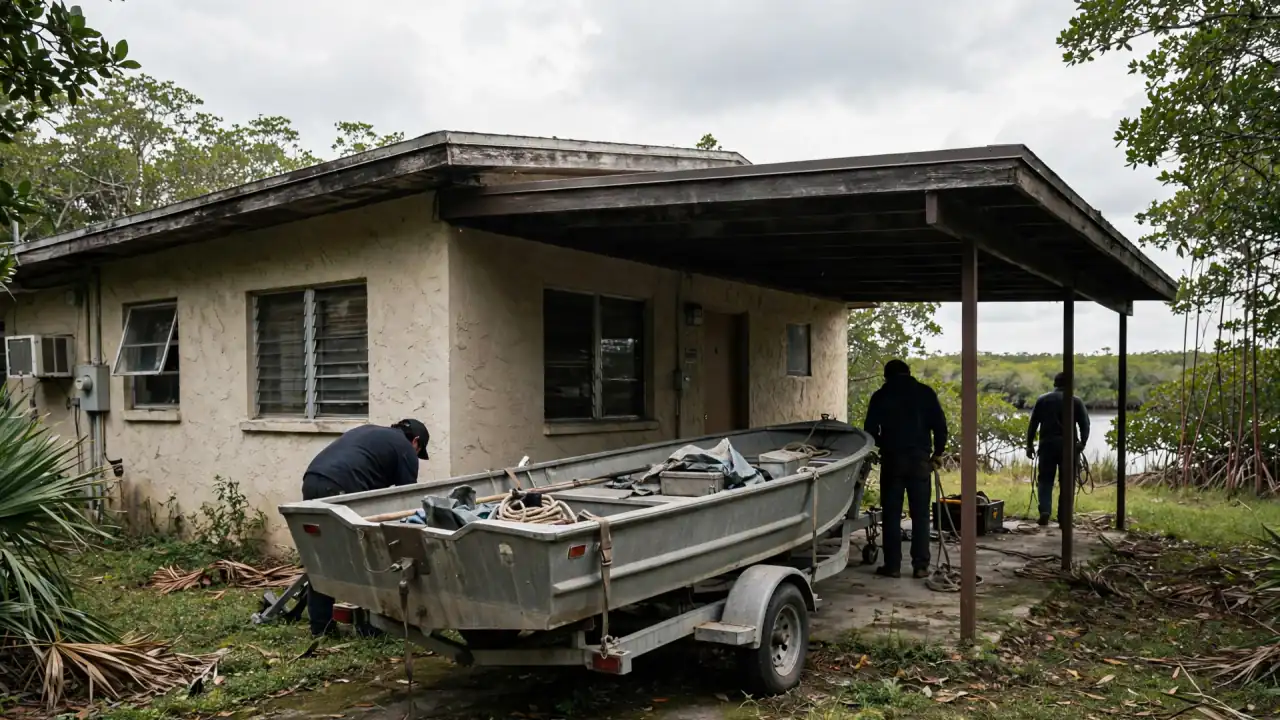 Workers with a boat beside a carport home