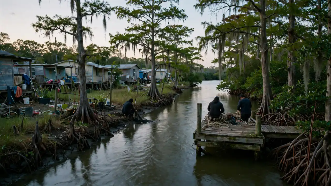 Homes along a cypress-lined river with small docks