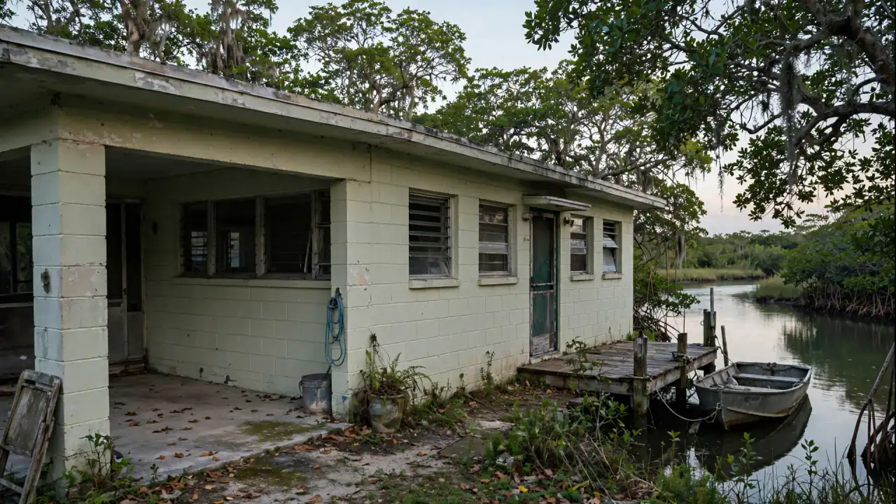 Older block home on a river with a small dock