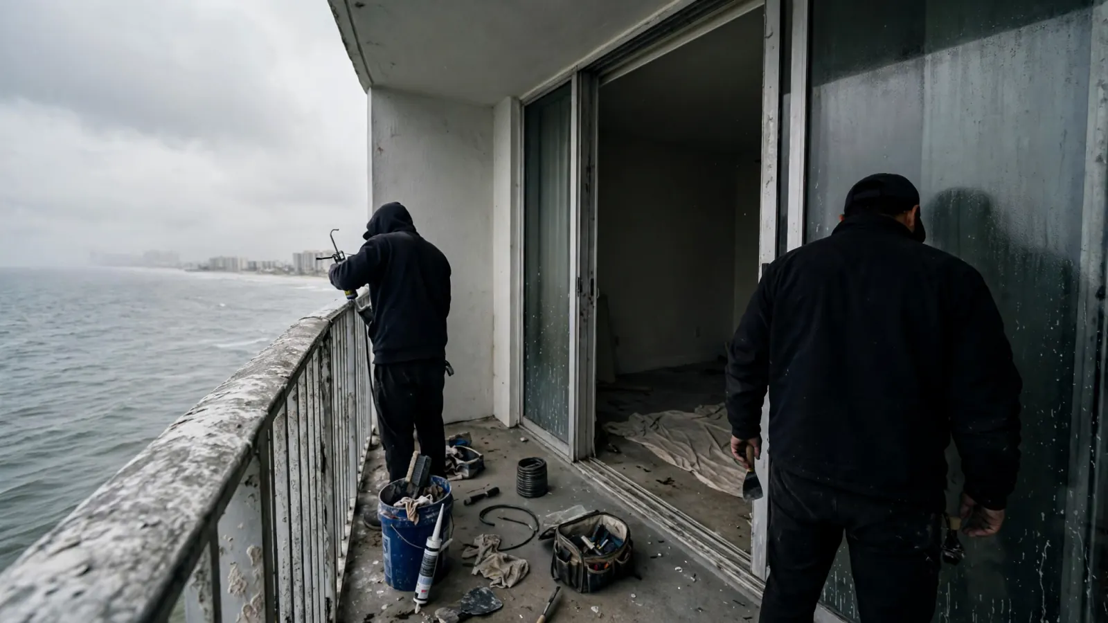 Technicians working on an oceanfront condo balcony