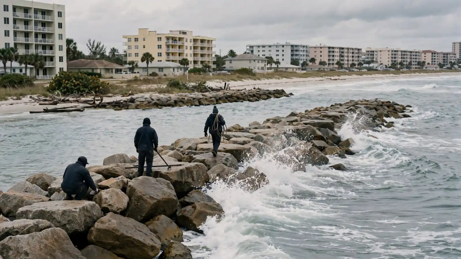 Crew on a rock jetty with waves and beachfront condos behind