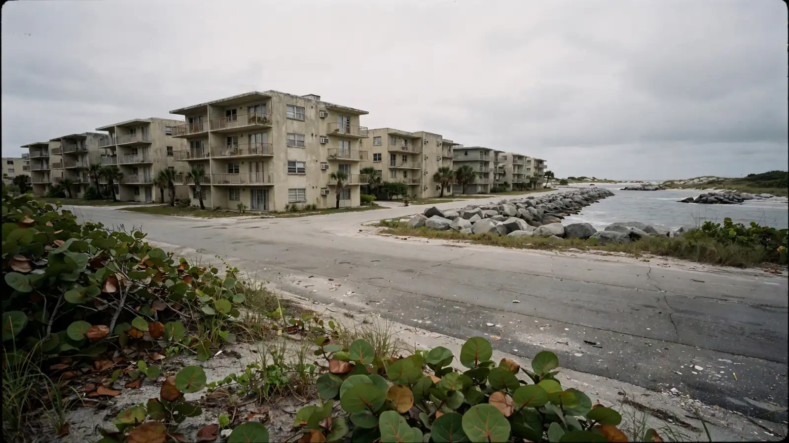 Low-rise beachfront condos along a sandy road